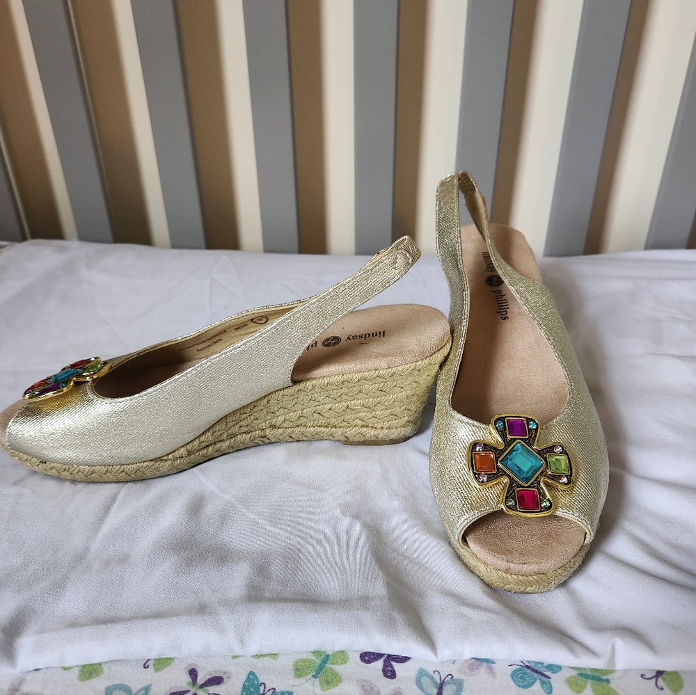 Lindsay Phillips Gold Wedge Sandals with Colorful Gem Accents Size 9 - Picture 3 of 8